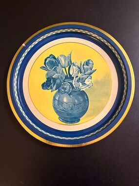 ⭐️ Vintage Decorative Floral Round Tray in Blue and Yellow